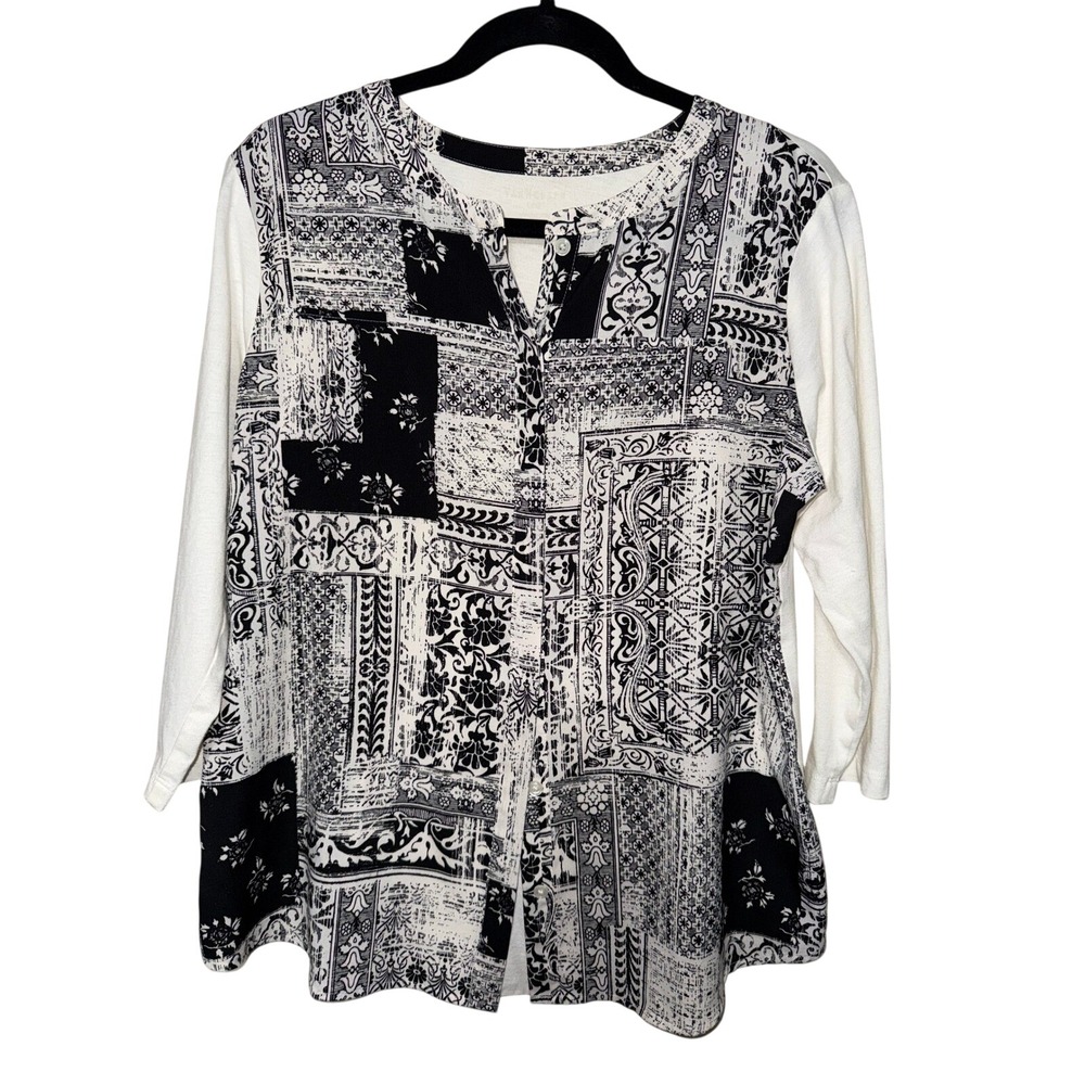 Black White Patchwork Print Three Quarter Sleeve Tunic Top Women's Size OS